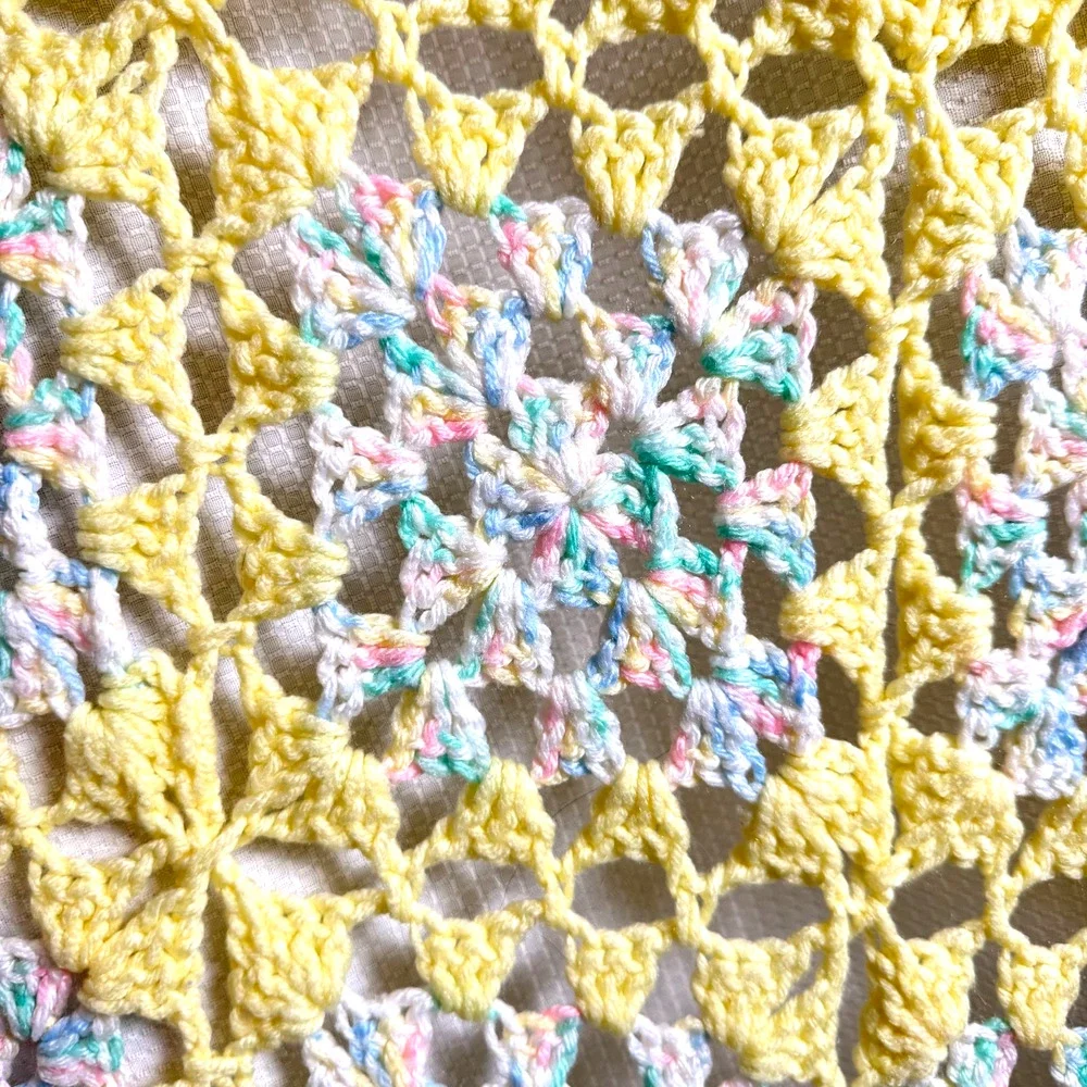 Vintage Handmade Crochet Baby Blanket Granny Square Yellow Pastel Cottagecore